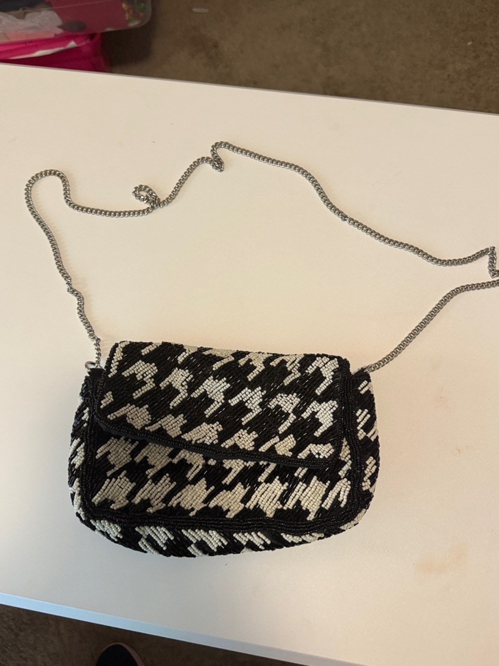 Black & White Houndstooth Beaded Crossbody Bag